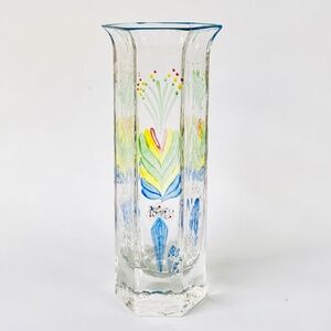 SEA Glasbruk Old Sweden Rune Strand 8" Hexagonal Glass Vase Painted Kurbits *VTG